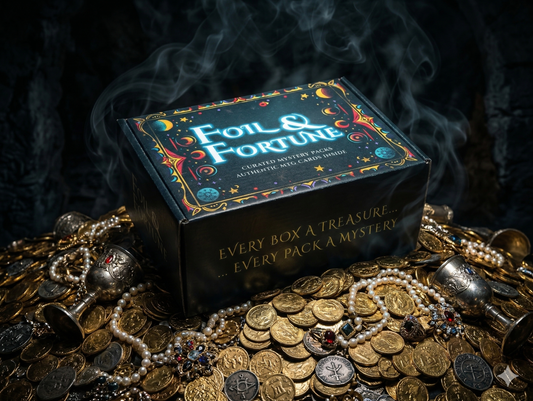 Foil & Fortune card game box surrounded by coins and jewelry on a dark background repack booster box
